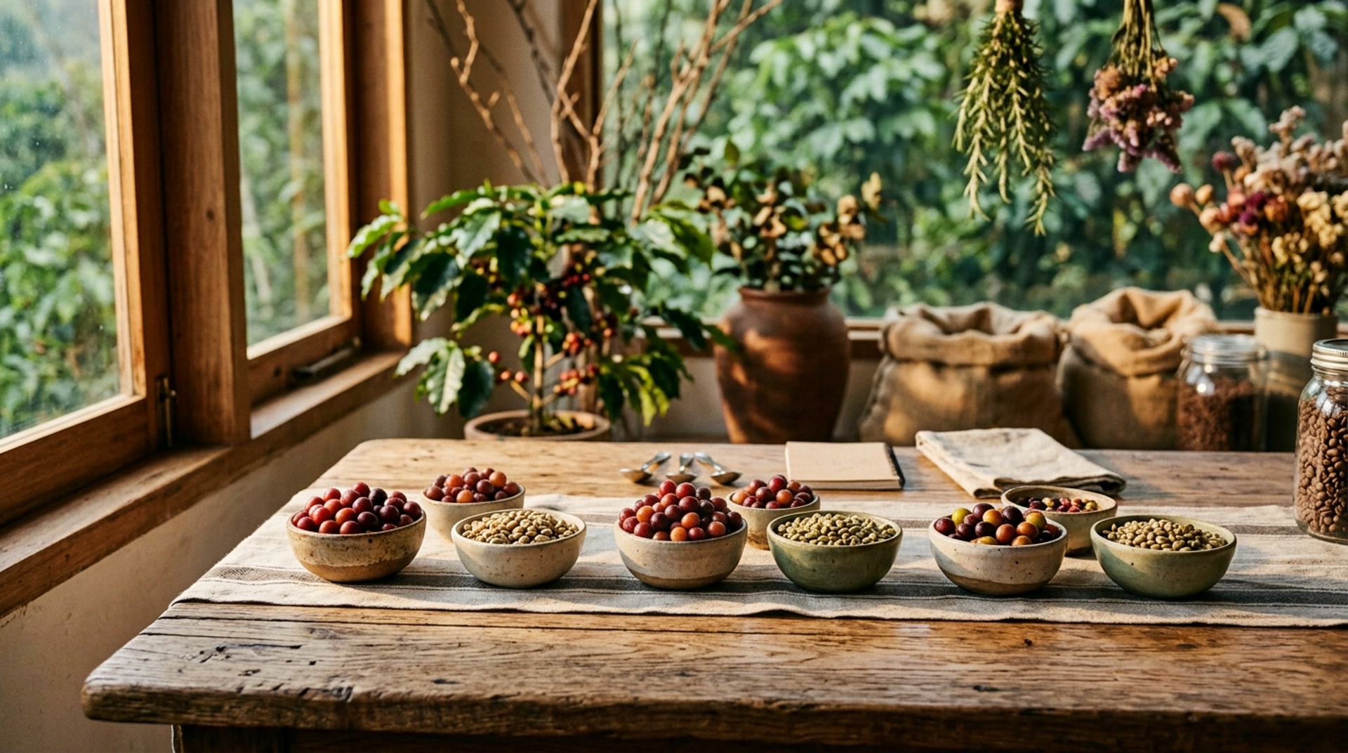 Coffee cherries and green beans on wooden table