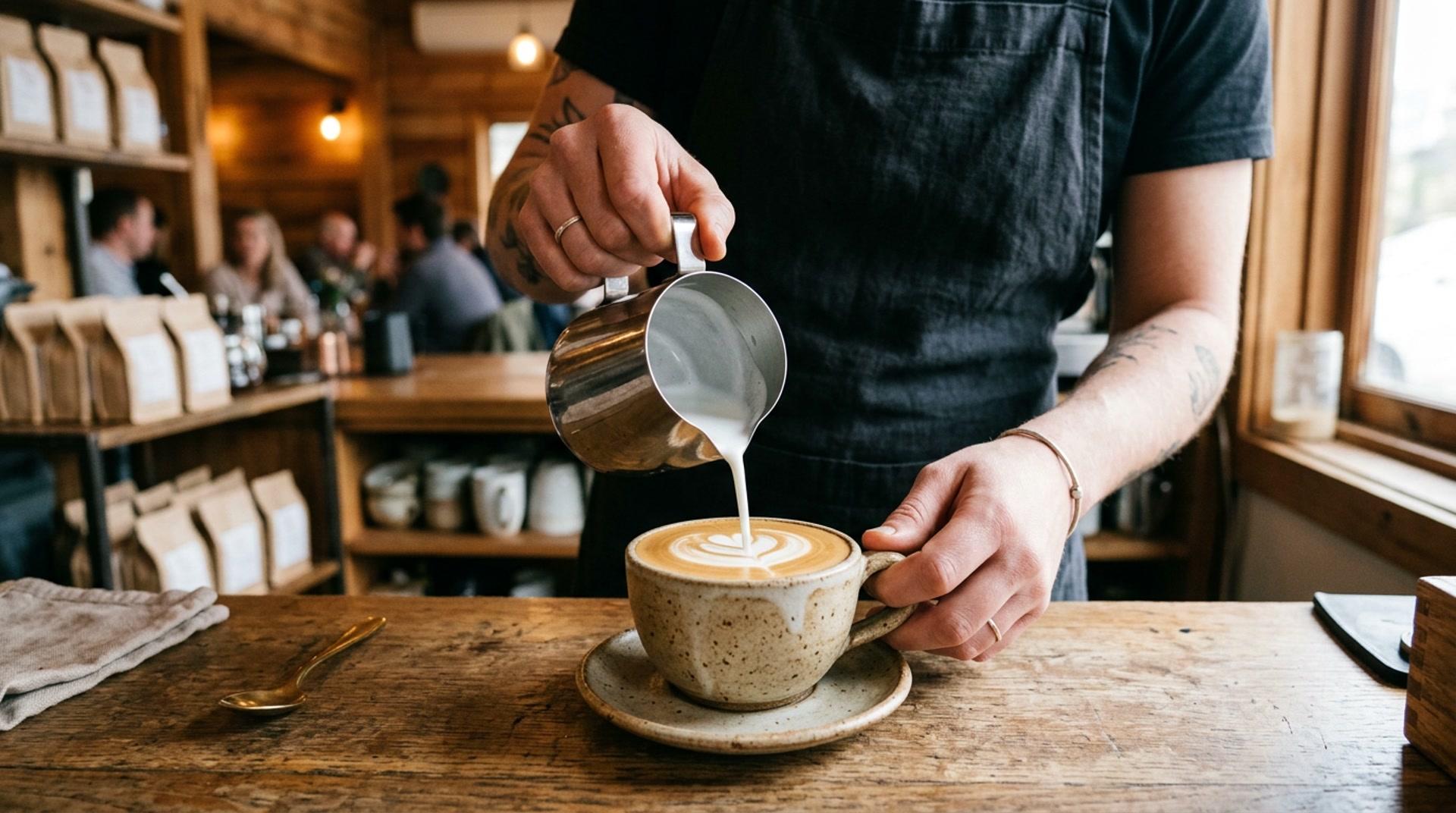 Barista pouring handcrafted latte